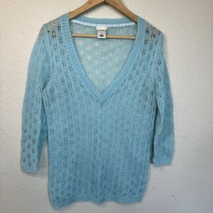 VTG Old Navy Sweater L Blue Fitted Sheer Knit Deep V Neck  3/4 Sleeve Y2K Preppy